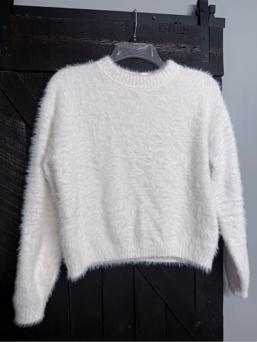 Divided White Fuzzy Crewneck Sweater
